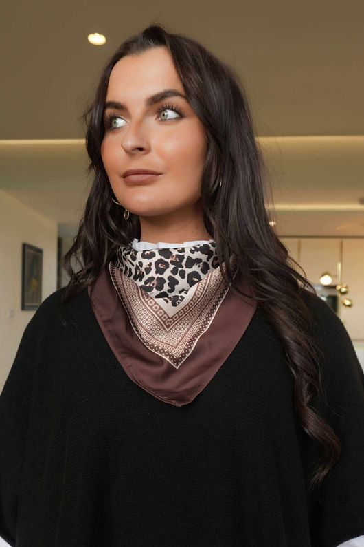 Leopard & Tile Border Triangle Silk Neckerchief Brown